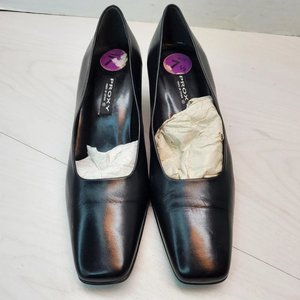 PROXY Black Leather Square Toe Block Heel Pumps Women Size 7.5 Made in Spain